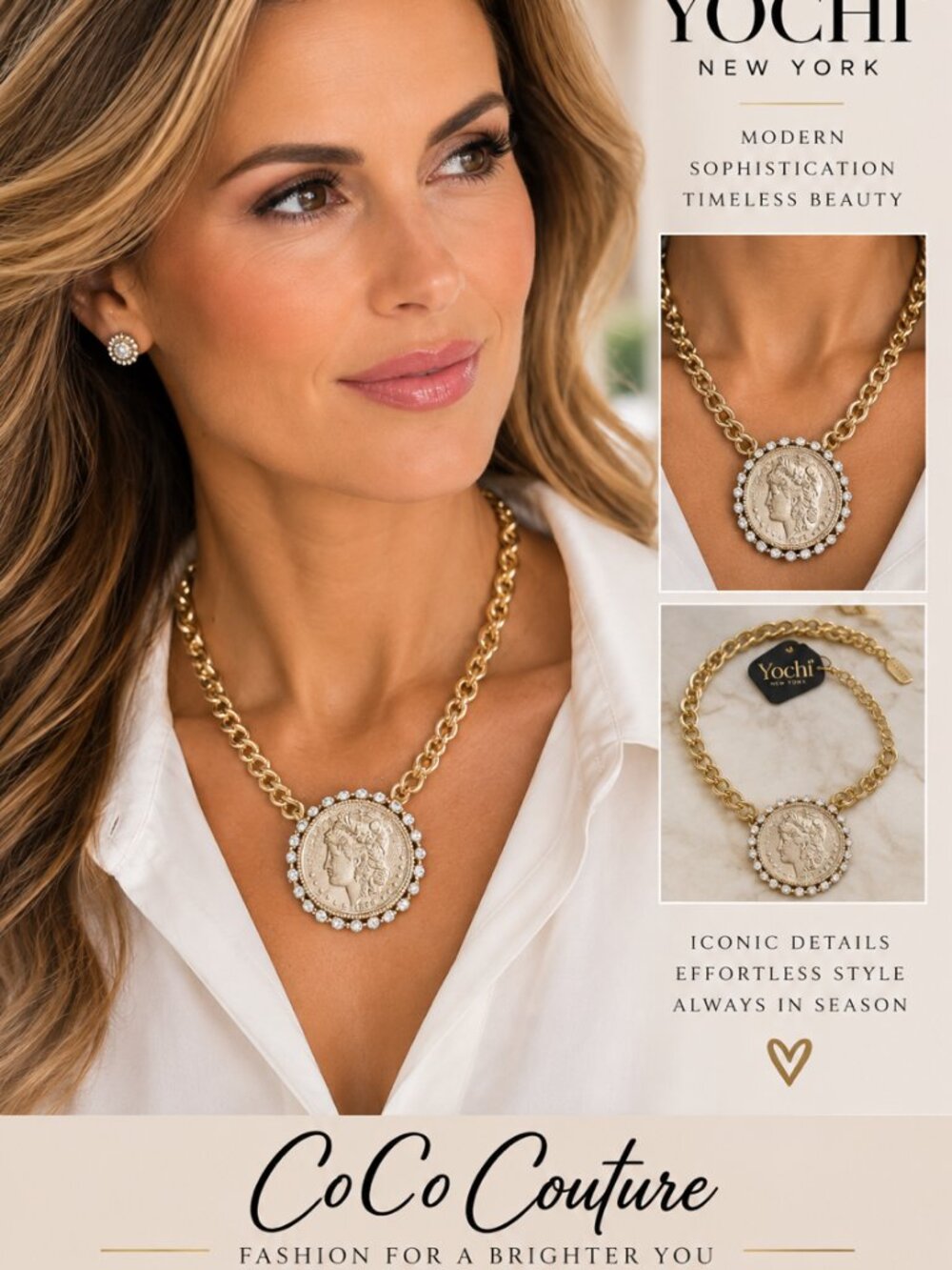 Lucia Coin & Rhinestone Gold Necklace by YOCHI NY